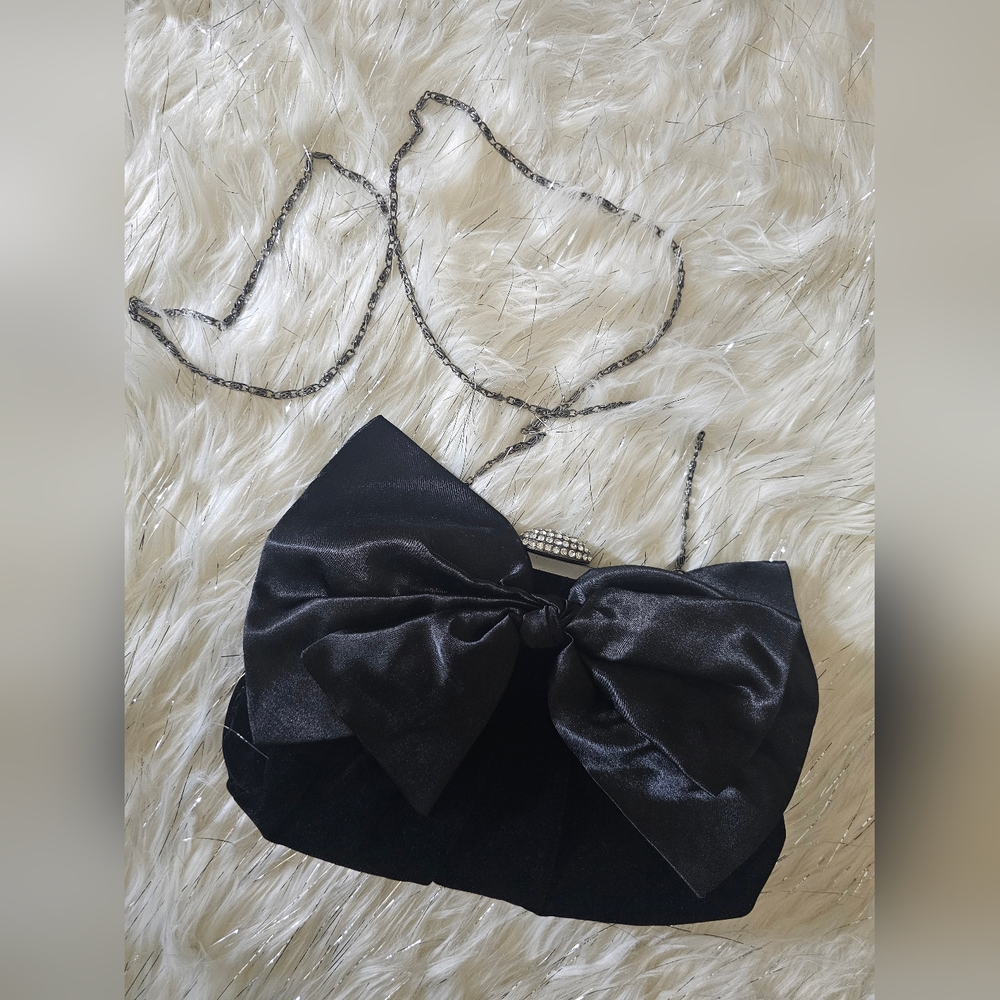 Neiman Marcus Elegant Black Satin Bow Velvet Clutch